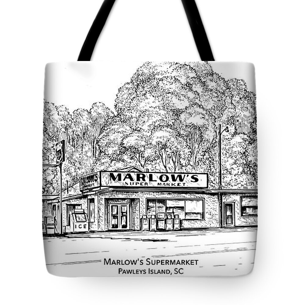 Marlow's Supermarket Tote Bag featuring the drawing Marlows Market by Greg Joens