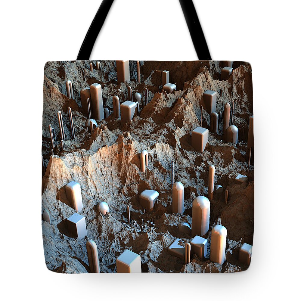 Sciencefiction Scifi Grunge Dystopian Fractal Fractalart Steampunk Mandelbulb3d Mandelbulb Tote Bag featuring the digital art Mars Colony One by Hal Tenny
