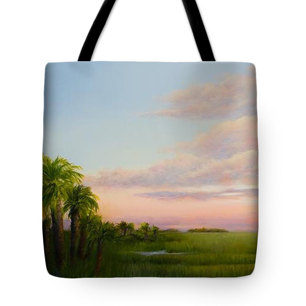 Coastal Marsh At Sunset Tote Bag featuring the painting Coastal Light by Audrey McLeod