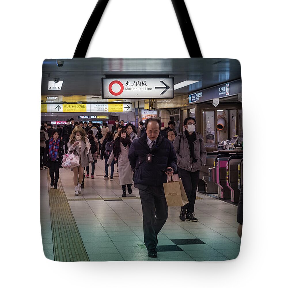 Pedestrians Tote Bag featuring the photograph Marunouchi Line, Tokyo Metro Japan by Perry Rodriguez