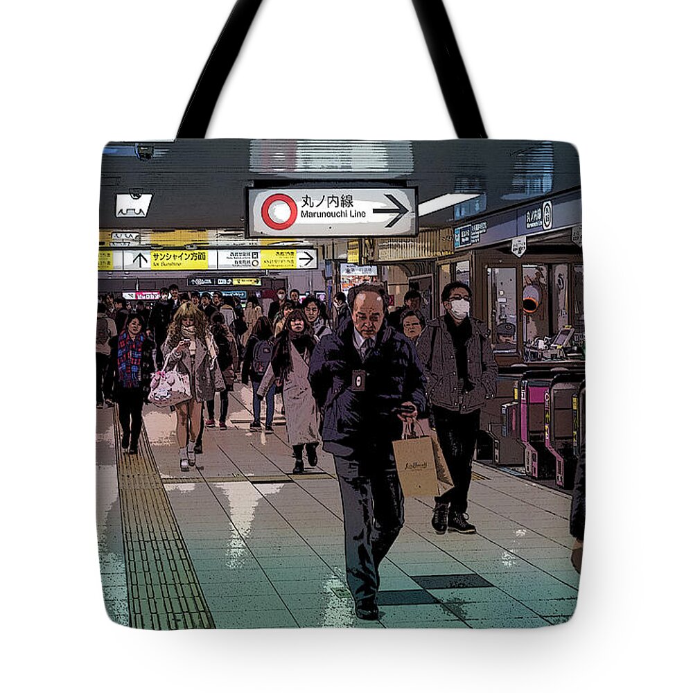Pedestrians Tote Bag featuring the photograph Marunouchi Line, Tokyo Metro Japan Poster by Perry Rodriguez