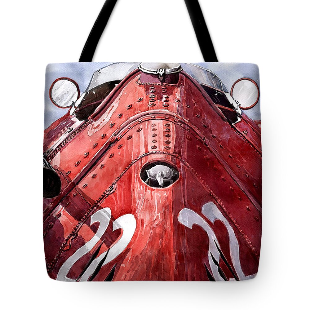 Watercolour Tote Bag featuring the painting Maserati 250F Alien by Yuriy Shevchuk