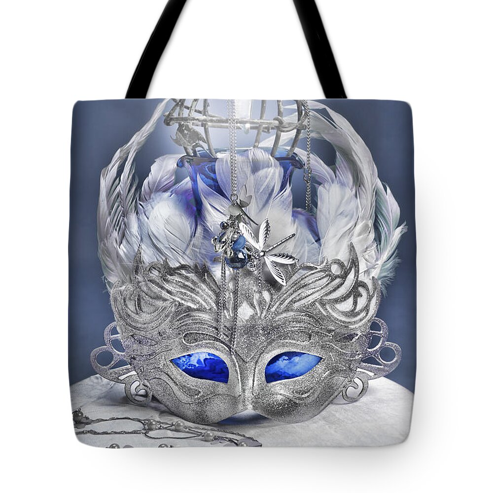Sharon Popek Tote Bag featuring the photograph Mask Still Life Blue by Sharon Popek