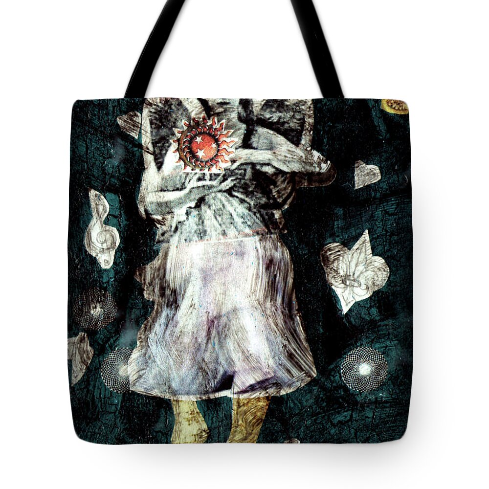 Angel Tote Bag featuring the painting Masked Angel Holding The Sun by Genevieve Esson
