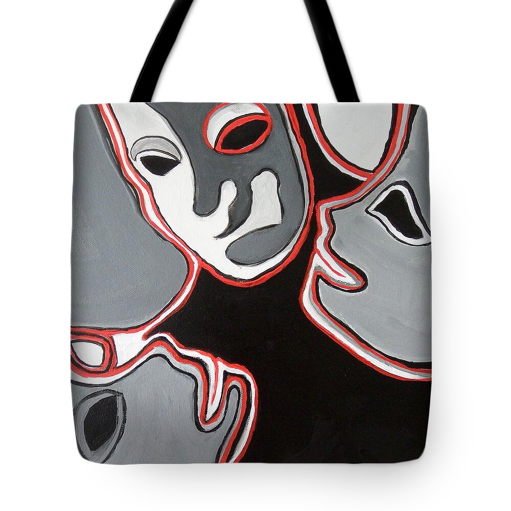 Masks Tote Bag featuring the painting Masks and Mimes by Myra Evans