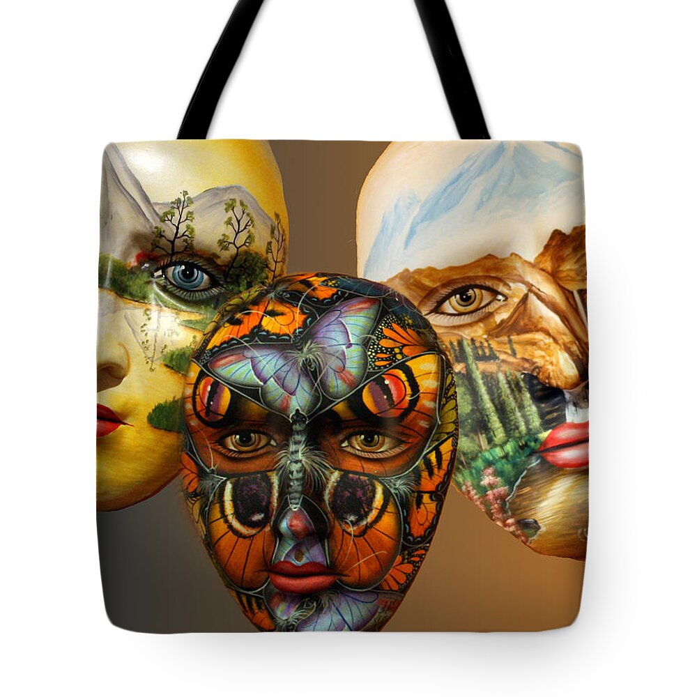 Mask Tote Bag featuring the photograph Masks on the Wall by Farol Tomson