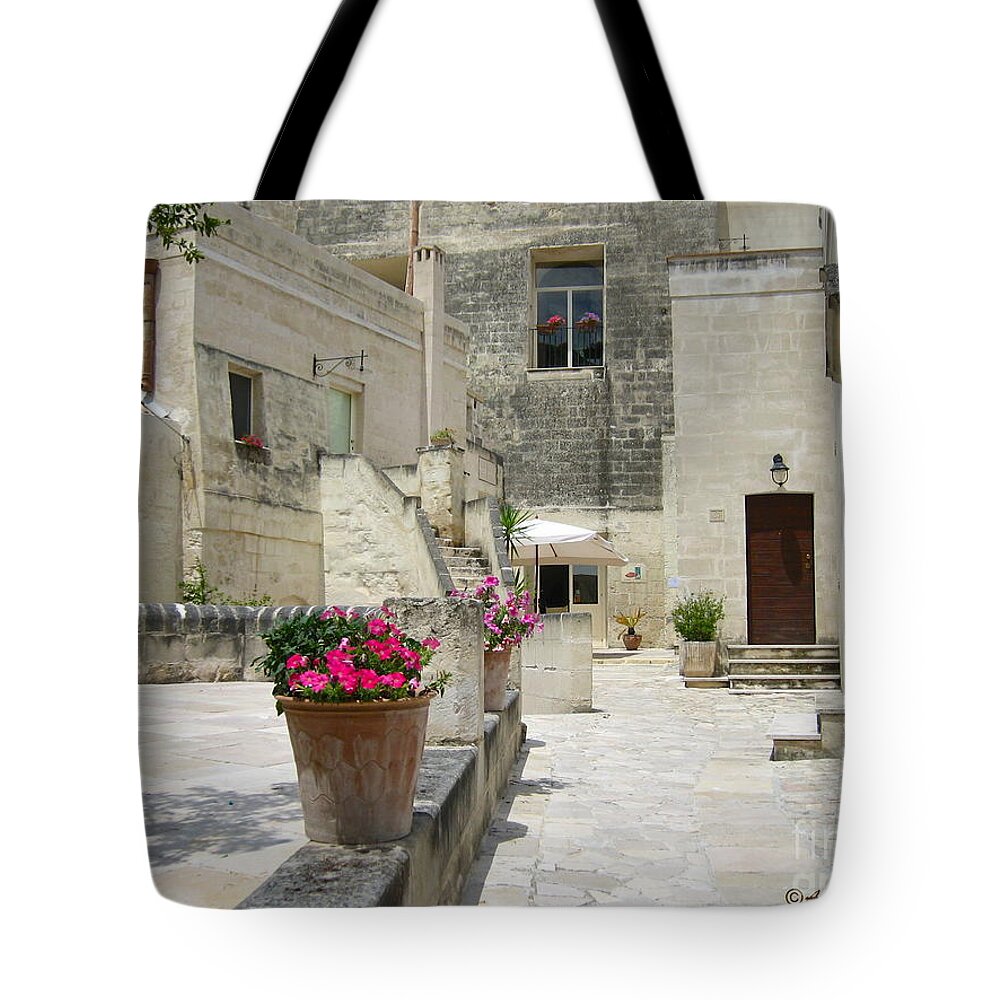 Cityscape Tote Bag featuring the photograph Matera with Flowers by Italian Art
