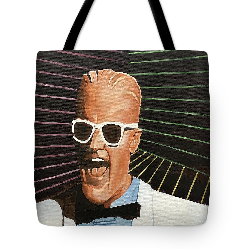 Max Headroom 80s Pop Art Ai Artificial Intelligence Mike W Morgan Art Old School Mtv Michael W. Tv Video Videos Pop Paranoimia The Art Of Noise Painting Paranoia Acrylic Drawing Laughing Laugh Robot Sundef Color Colors Lines Shades Glasses Bowtie Suit Cool Rad Tote Bag featuring the painting Max Headroom by Michael Morgan