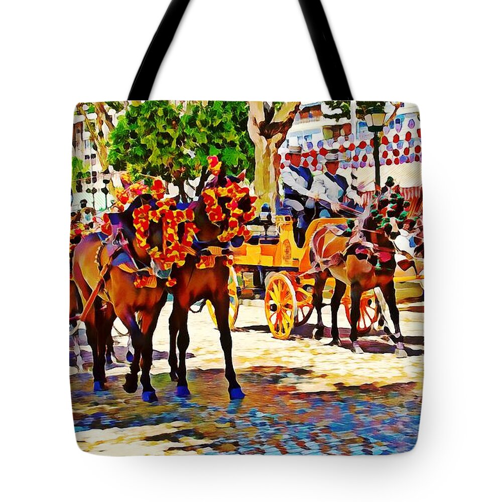 May Day Fair Tote Bag featuring the mixed media May Day Fair in Sevilla, Spain by Tatiana Travelways