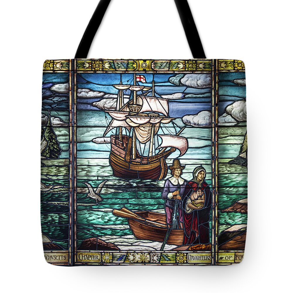 Mayflower Tote Bag featuring the photograph Mayflower Pilgrims in Stained Glass by John Haldane