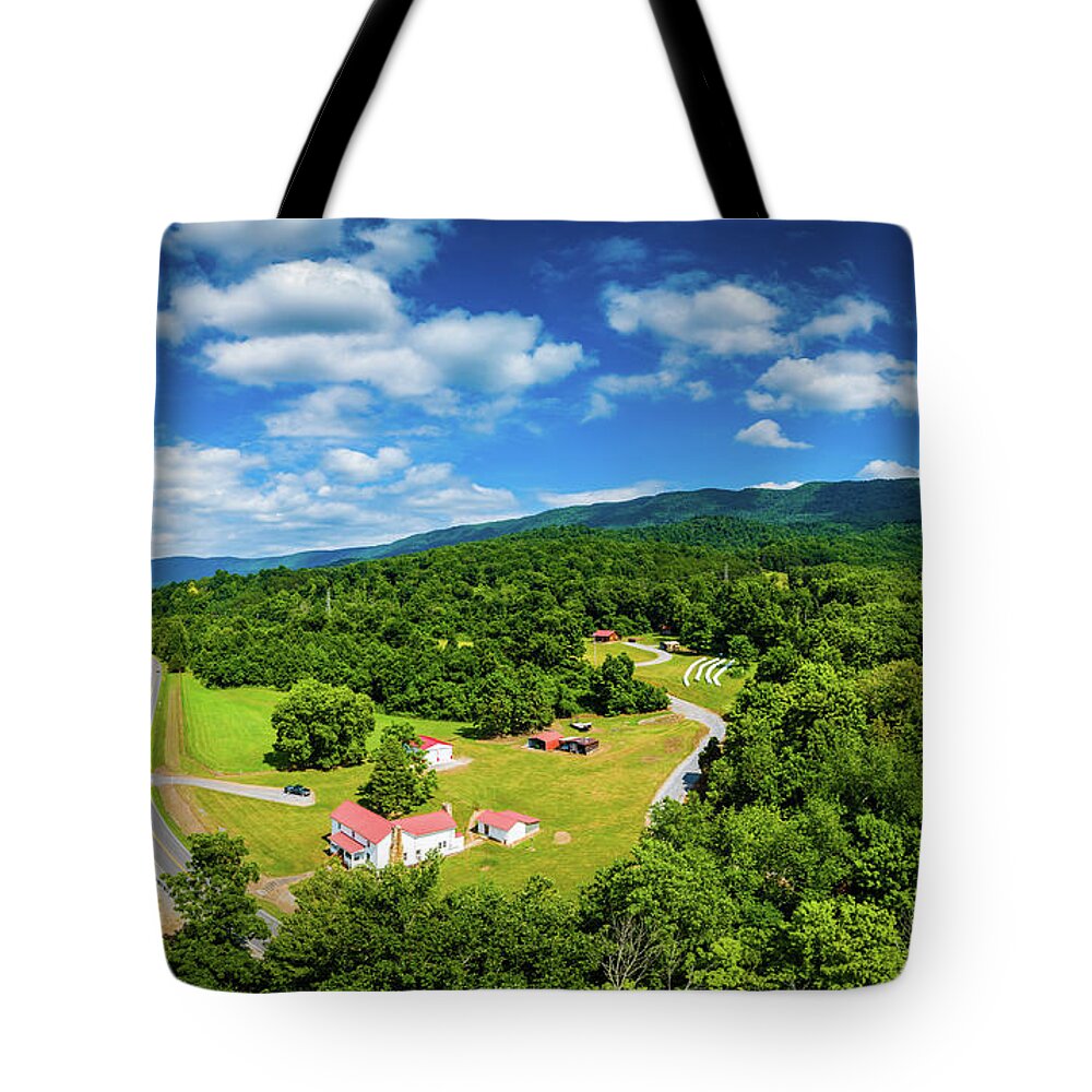 Aerial Tote Bag featuring the photograph McGhee Farm Panoramic by Joe Shrader