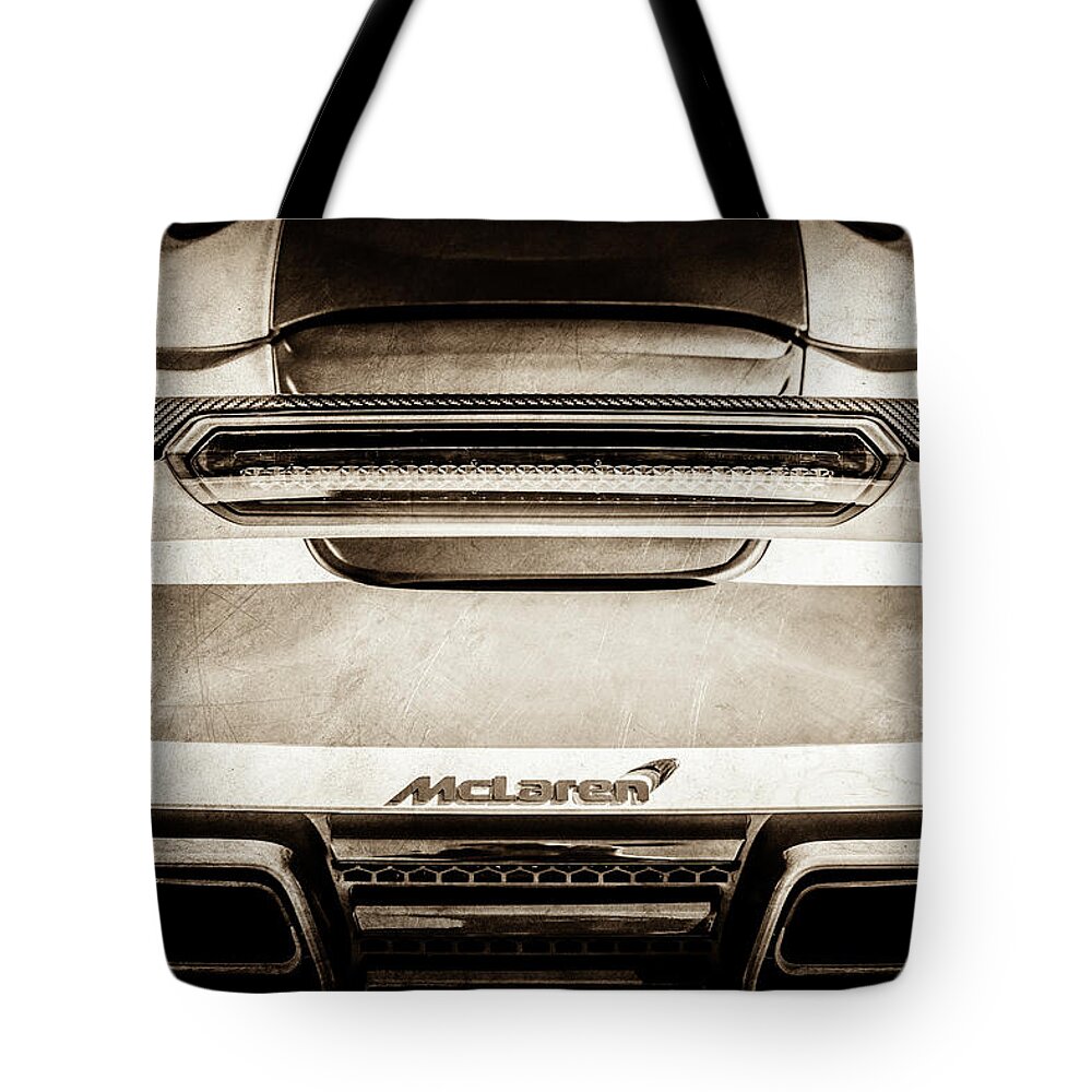 Mclaren Mp4 12c Rear View Tote Bag featuring the photograph McLaren MP4 12C Rear View -0668s by Jill Reger