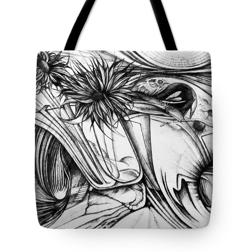 Flowers Tote Bag featuring the drawing Meanwhile 9 by Nad Wolinska