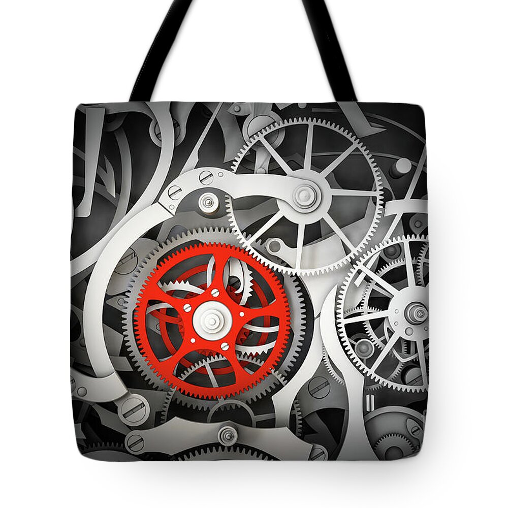 Clockwork Tote Bag featuring the photograph Mechanism, clockwork with one different, red cogwheel. by Michal Bednarek