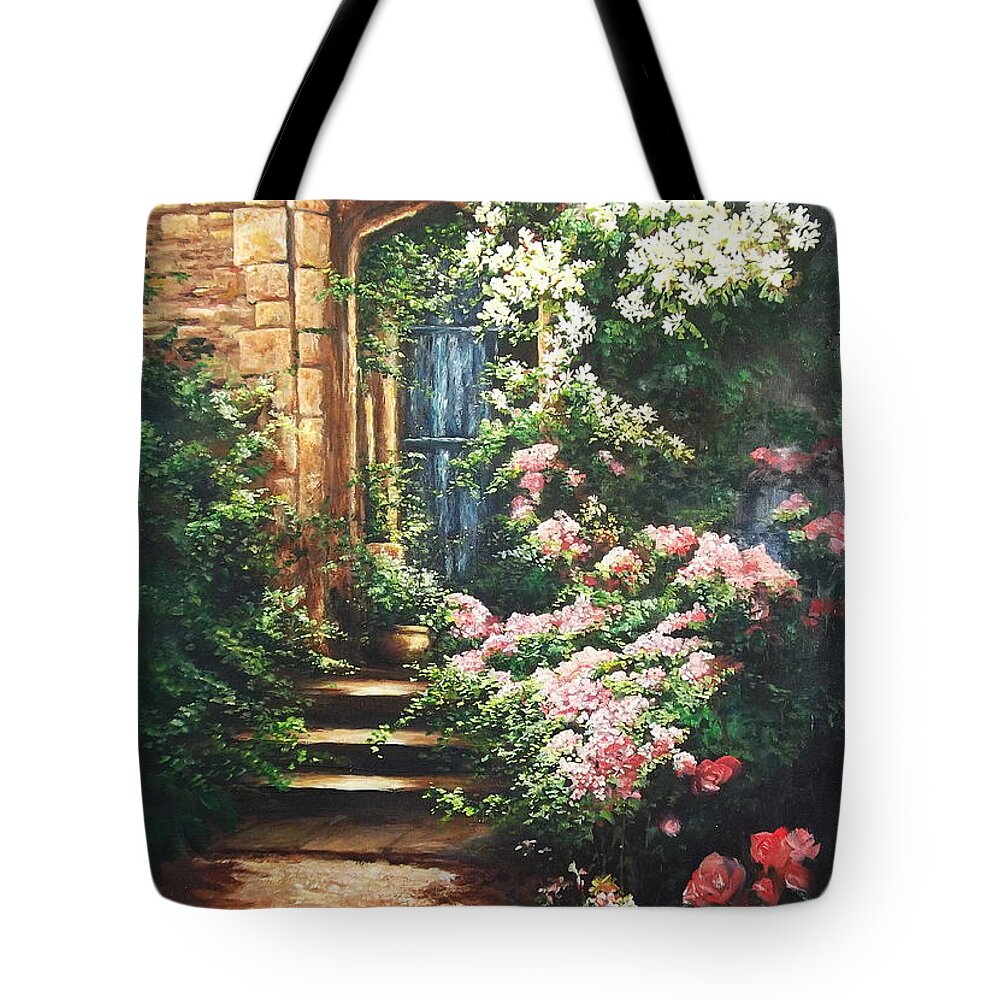 Stone Archway Tote Bag featuring the painting Medieval Stone Archway by Lizzy Forrester