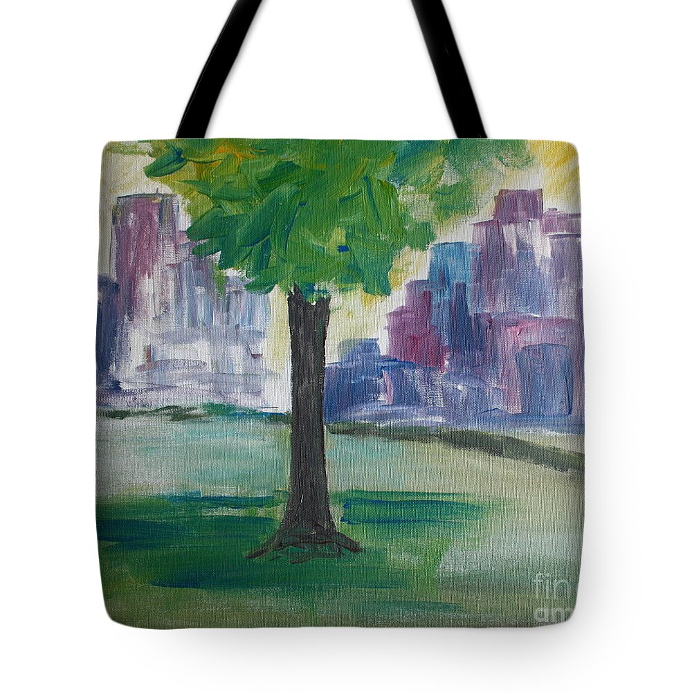 Paintings Tote Bag featuring the painting Meet me by our Tree in Central Park by Julie Lueders 