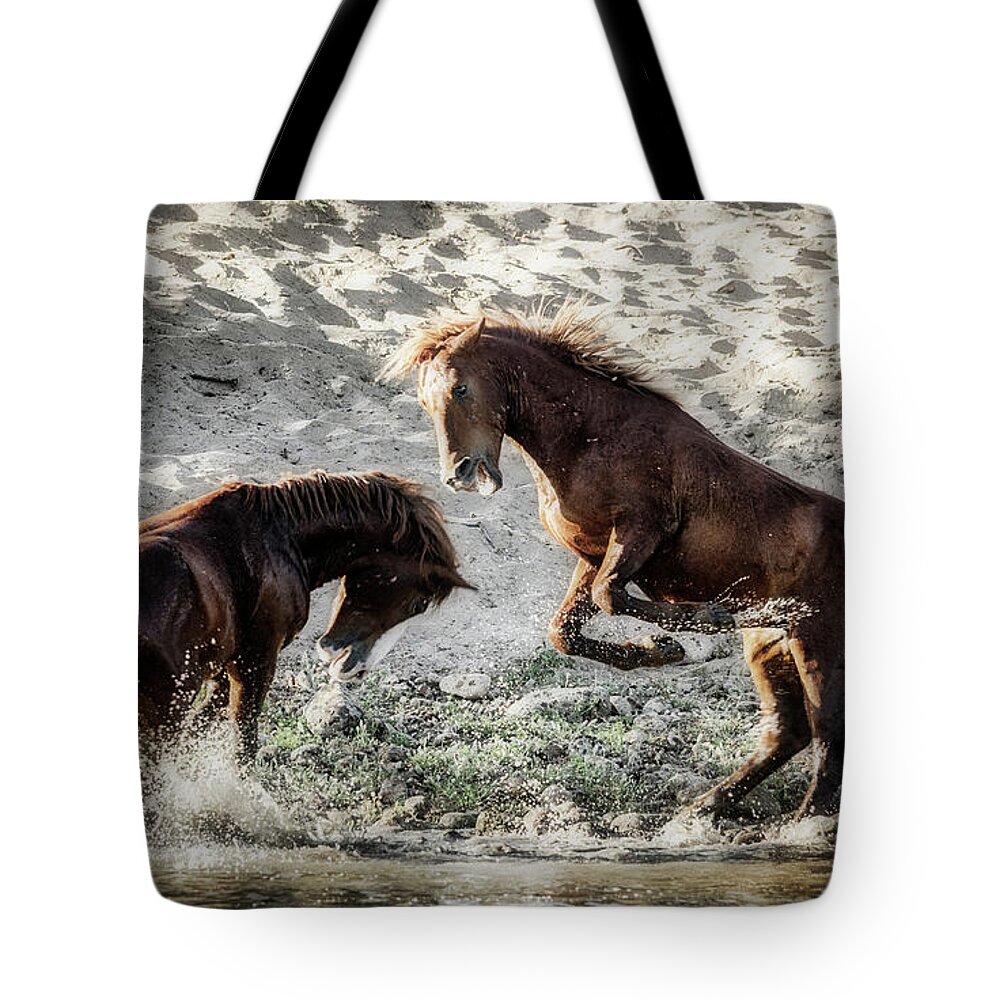 Wild Horses Tote Bag featuring the photograph Meeting On The River by Saija Lehtonen