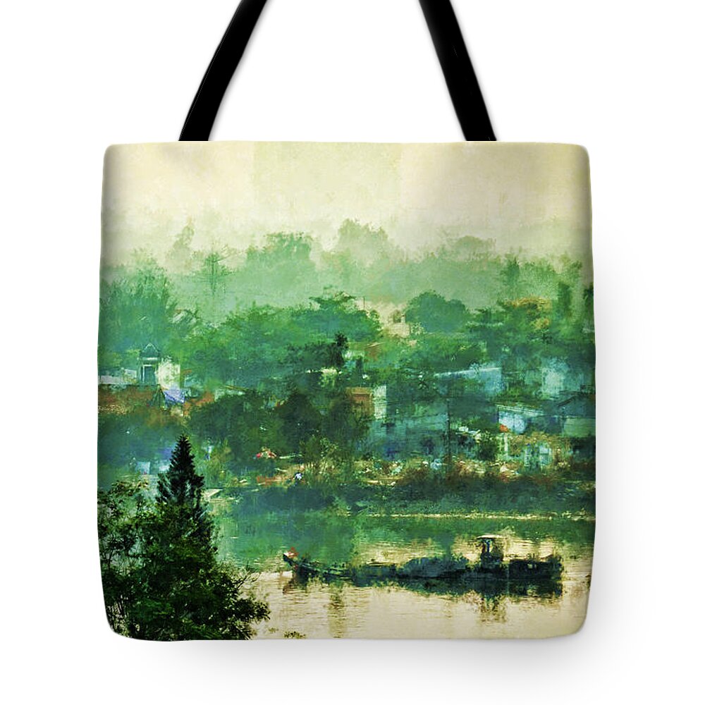 Vietnam Tote Bag featuring the digital art Mekong Morning by Cameron Wood
