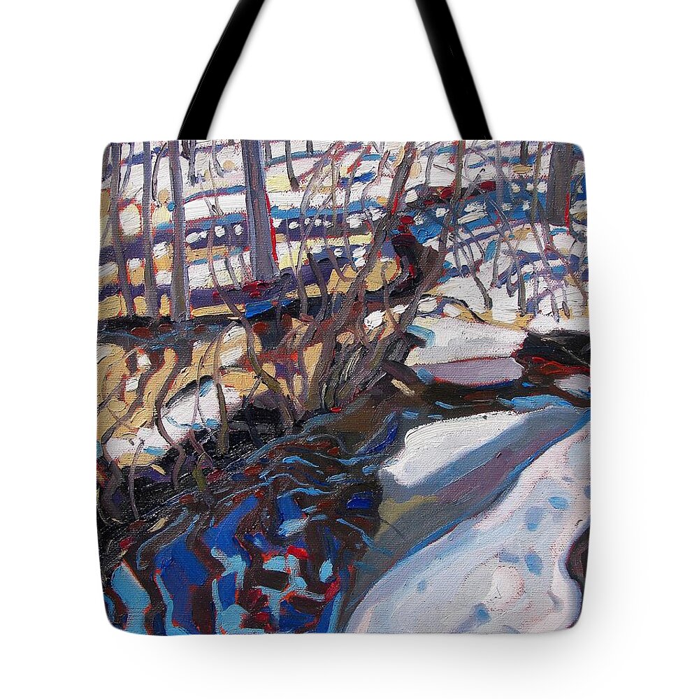 Spring Tote Bag featuring the painting Melt Water and Ice at the Forest Edge by Phil Chadwick