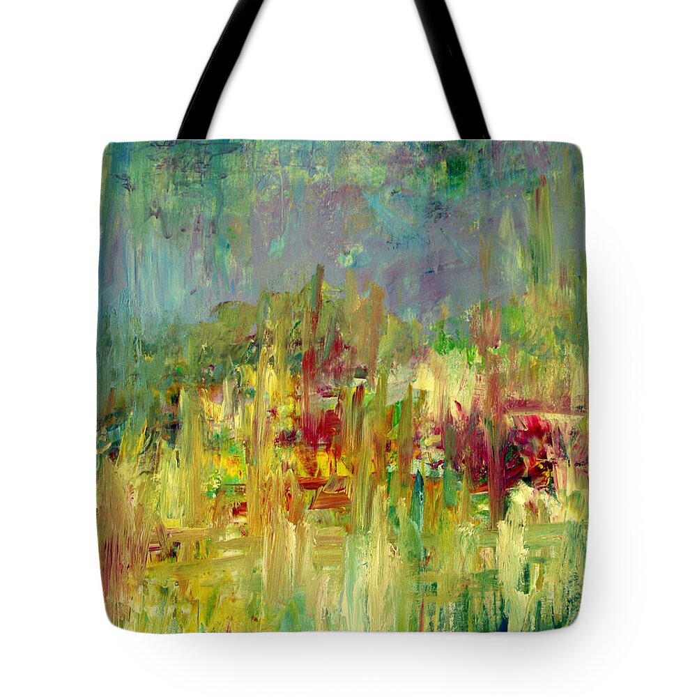 Abstract Tote Bag featuring the painting Memories of Grandmothers Flower Garden by Julie Lueders 
