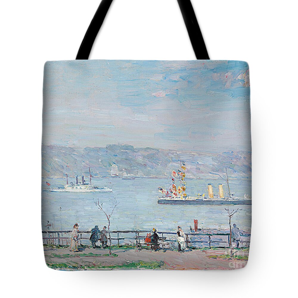 Men O War The Blake And The Boston Tote Bag featuring the painting Men o War The Blake and The Boston, 1893 by Childe Hassam