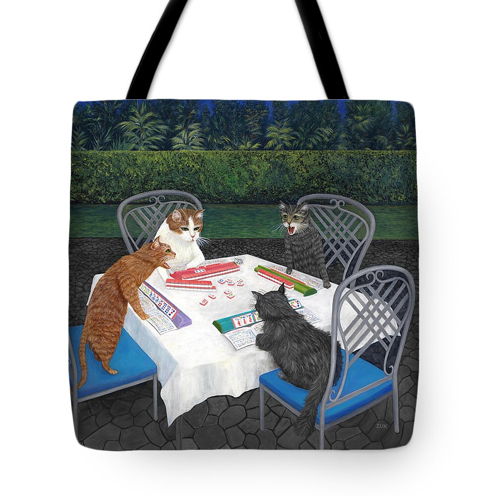 Cat Art Tote Bag featuring the painting Meowjongg - Cats playing Mahjongg by Karen Zuk Rosenblatt