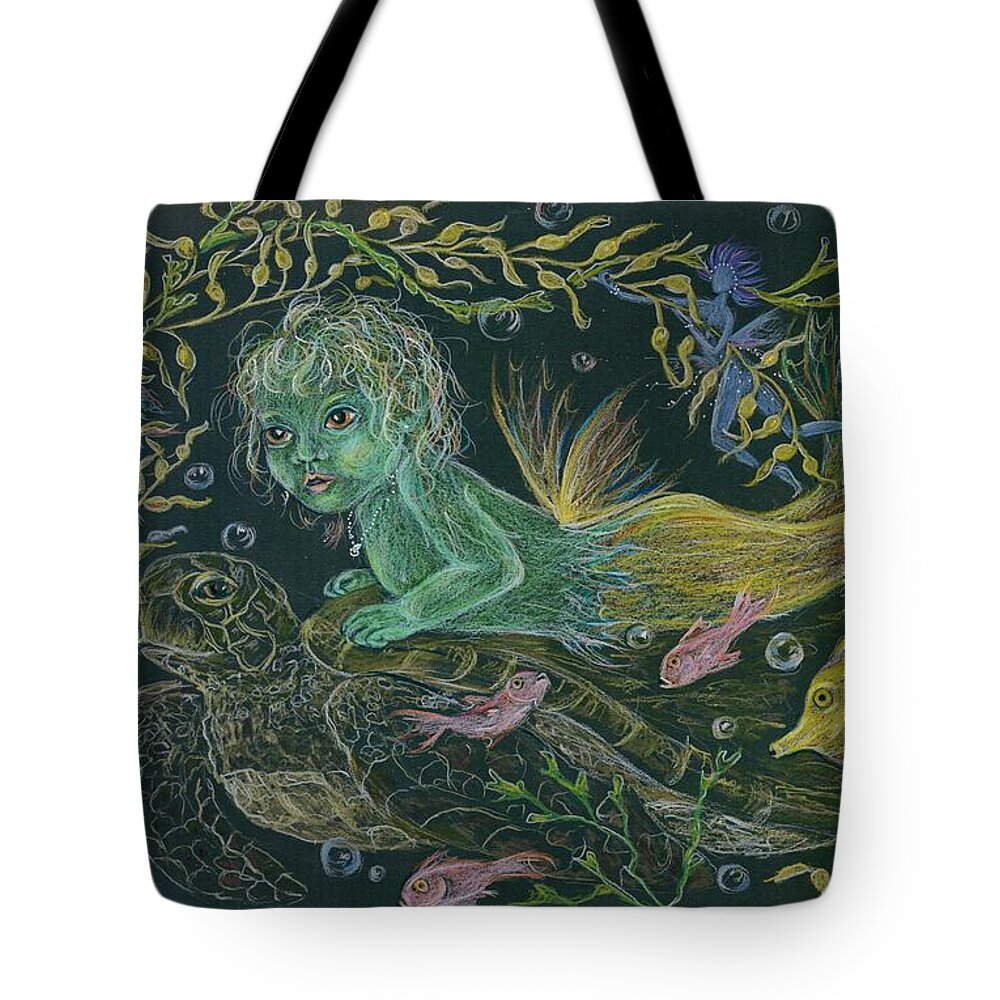 Turtle Tote Bag featuring the drawing Merbaby Green by Dawn Fairies