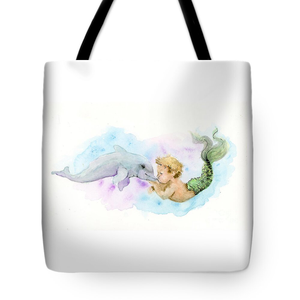 Baby Mermaid Tote Bag featuring the painting Merboy Kiss by Lauren Heller