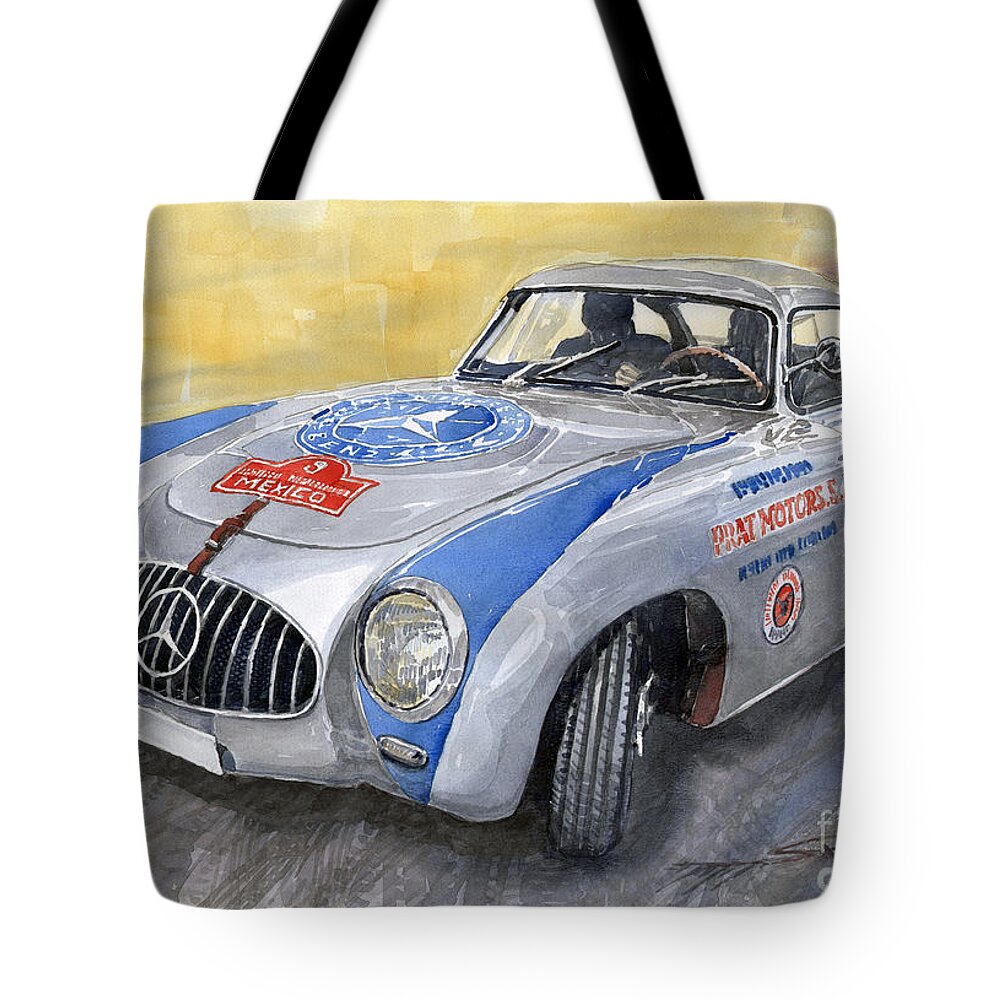 Automotive Tote Bag featuring the painting Mercedes Benz 300 SL 1952 Carrera Panamericana Mexico by Yuriy Shevchuk