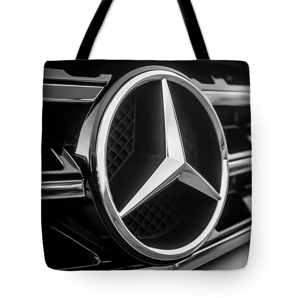 Mercedes-benz Emblem Tote Bag featuring the photograph Mercedes-Benz Emblem -ck0036bw by Jill Reger
