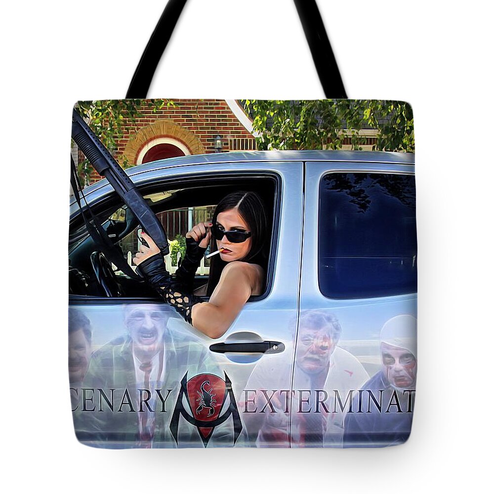 Fantasy Tote Bag featuring the painting Pro Zombie Hunter by Jon Volden
