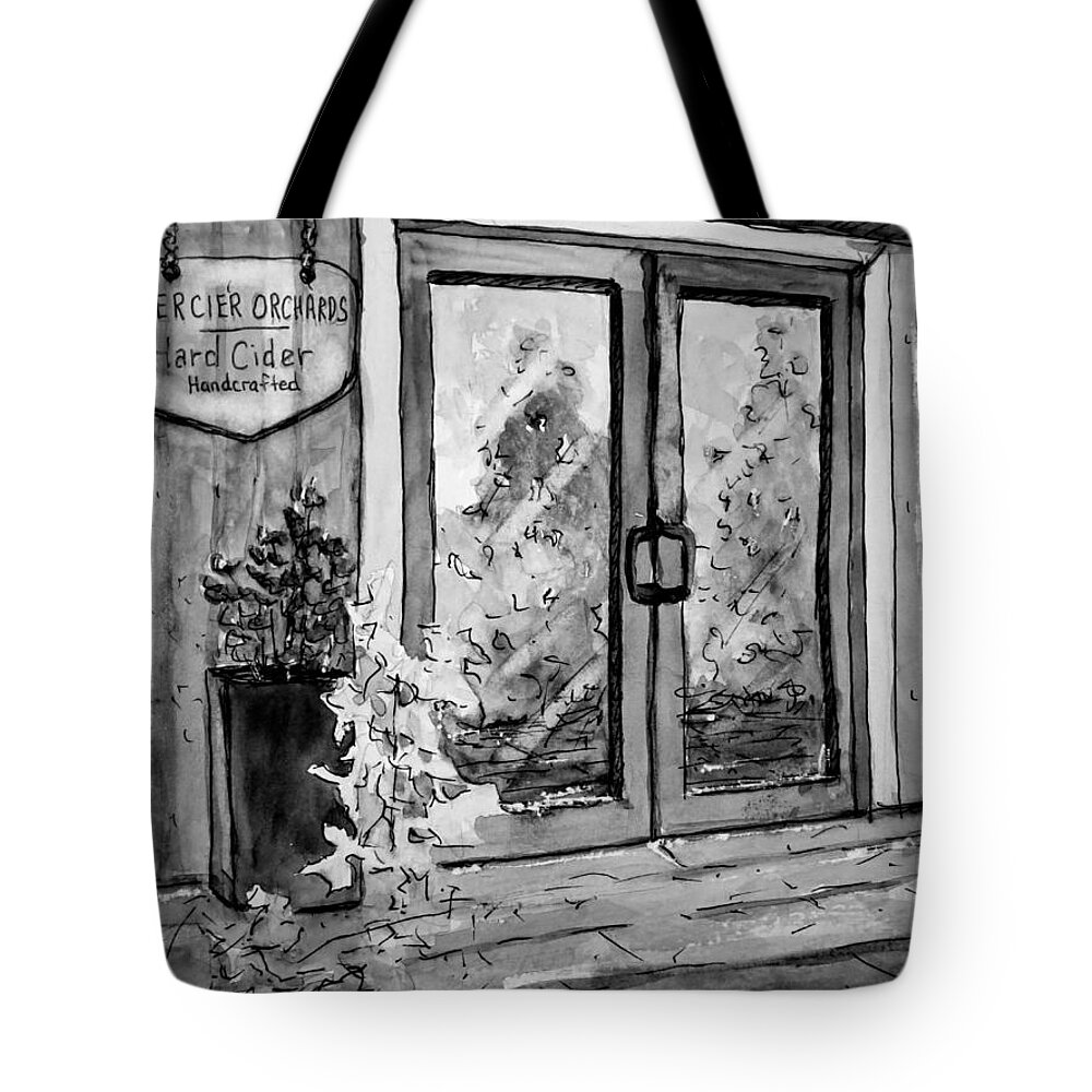 Mercier Orchard Tote Bag featuring the painting Mercier Orchard's Cider in BW by Gretchen Allen