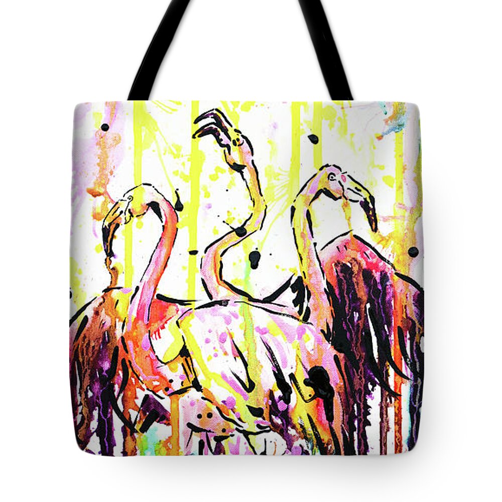 Flamingo Tote Bag featuring the painting Merging. Flamingos by Zaira Dzhaubaeva
