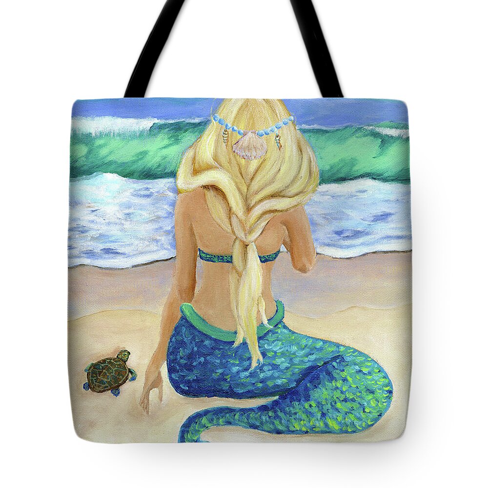 Mermaid Tote Bag featuring the painting Mermaid and Turtle by Donna Tucker