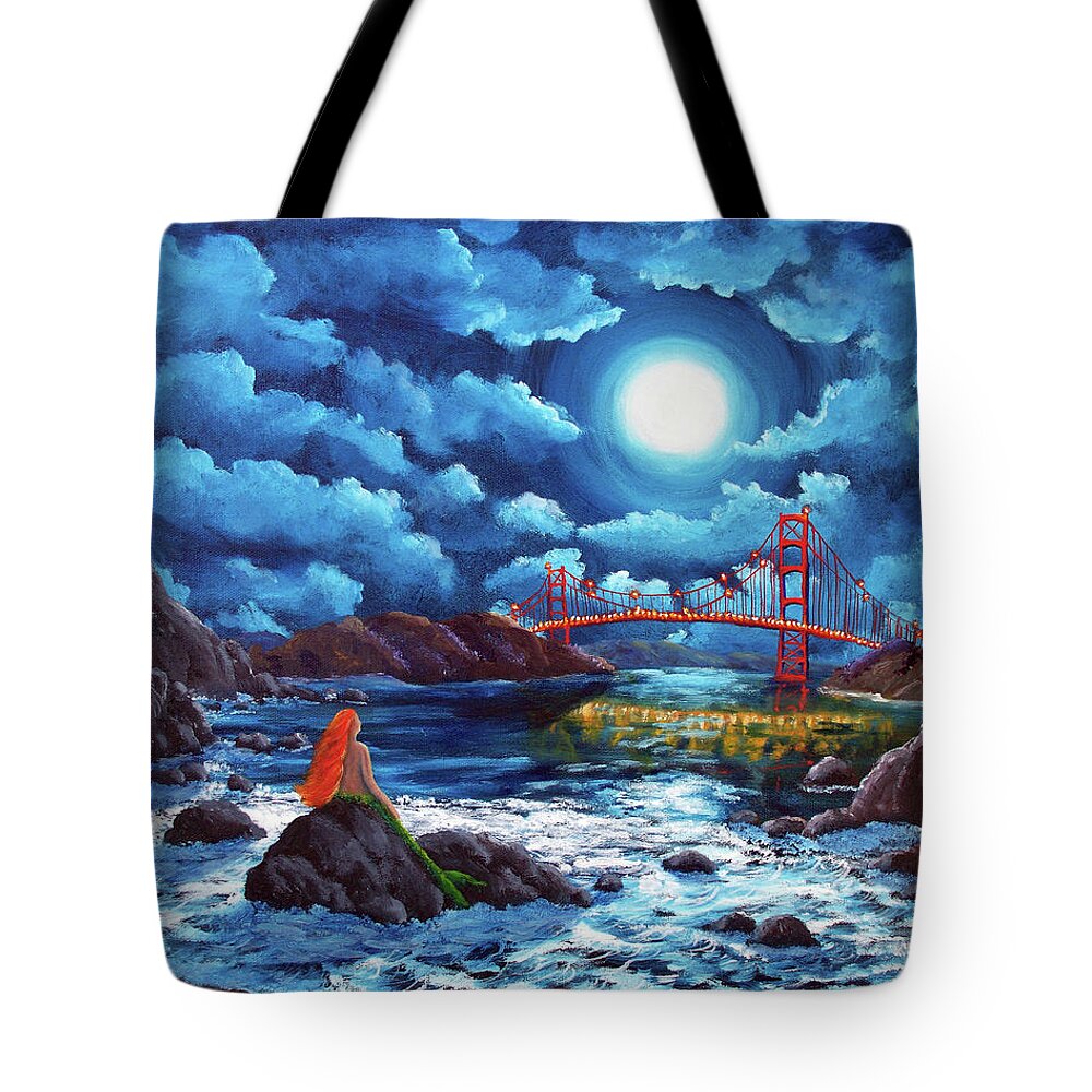 Painting Tote Bag featuring the painting Mermaid at the Golden Gate Bridge by Laura Iverson