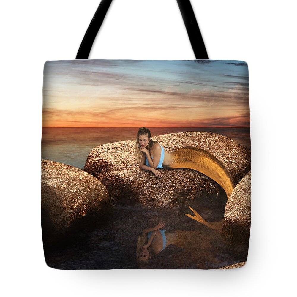 Clayton Tote Bag featuring the digital art Mermaid by the rock pool by Clayton Bastiani