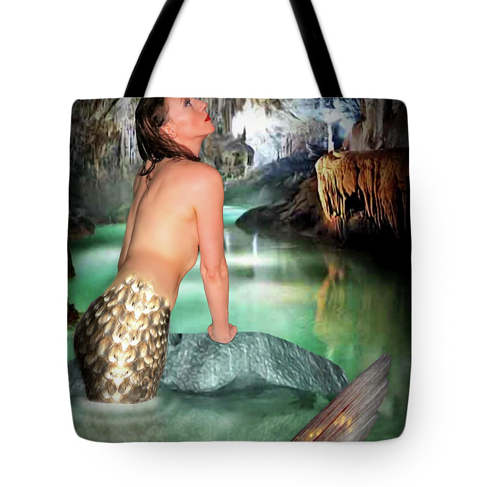 Mermaid Tote Bag featuring the photograph Mermaid In A Cave by Jon Volden