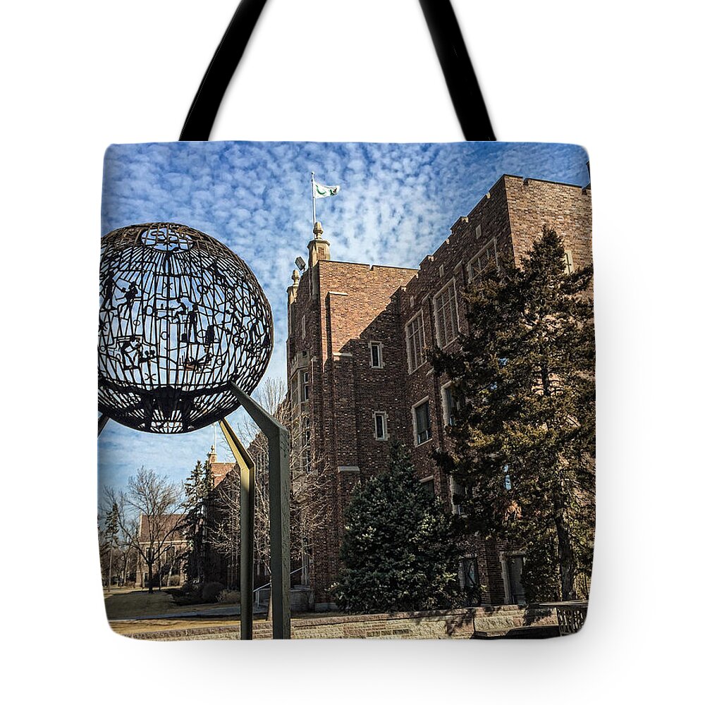 North Dakota Tote Bag featuring the photograph Merrifield Hall and Old Main Monument by Tom Gort