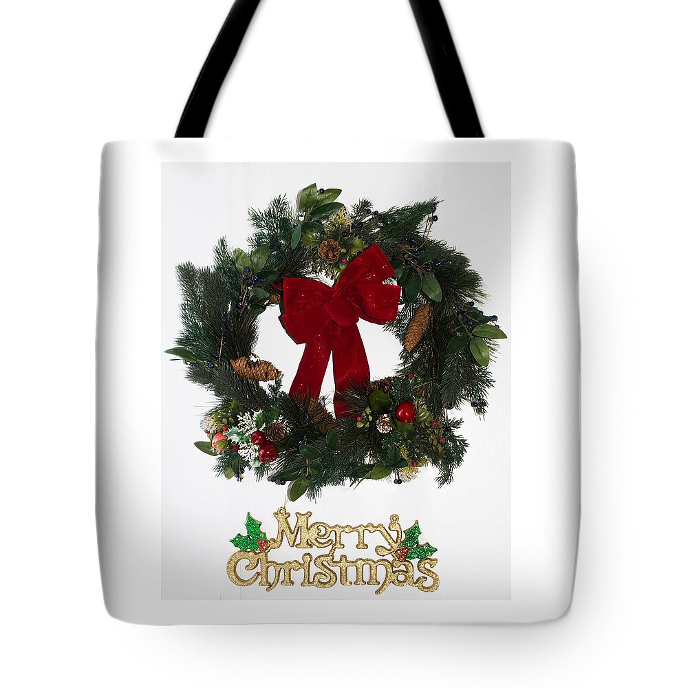 Christmas Wreath With Merry Christmas Words Tote Bag featuring the photograph Merry Christmas by Kenneth Cole