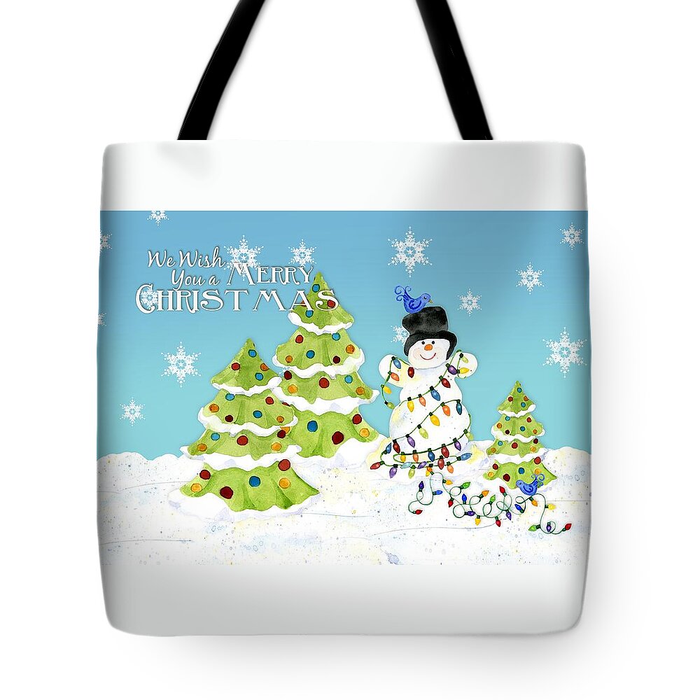 Classic Tote Bag featuring the painting Merry Christmas Typography Snowman w Christmas Trees n Blue Birds by Audrey Jeanne Roberts