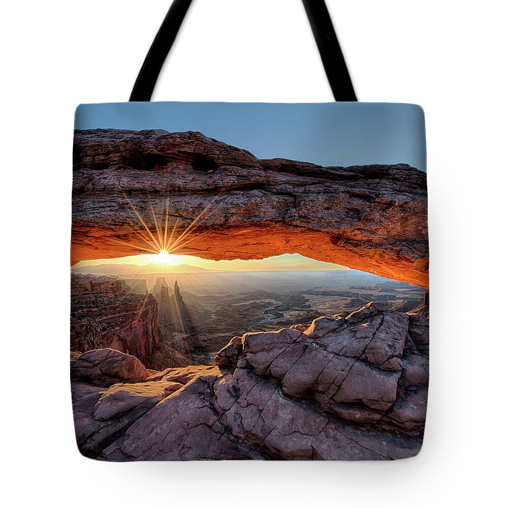 Olenaart Tote Bag featuring the photograph Mesa Arch Sunburst Moab Utah by O Lena