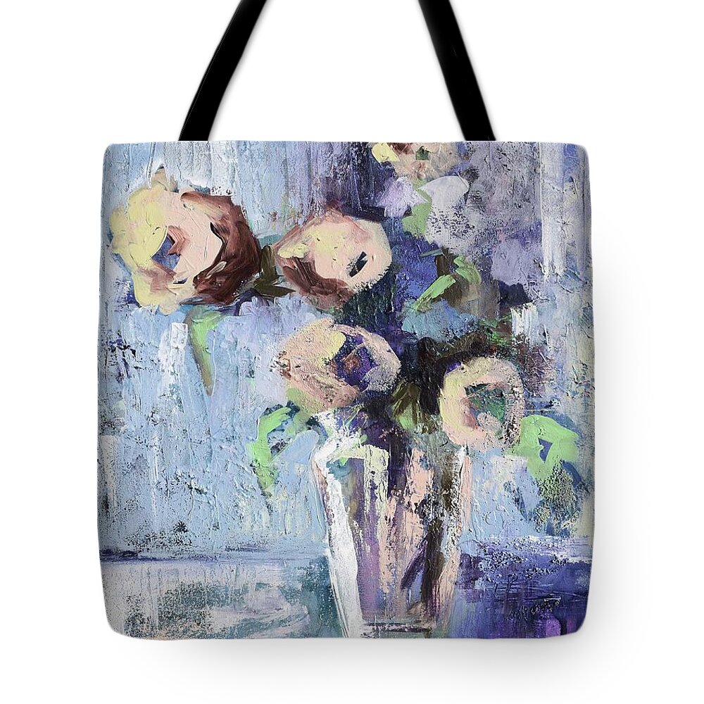 Blue Tote Bag featuring the painting Messy Muted Floral by Karen Ahuja