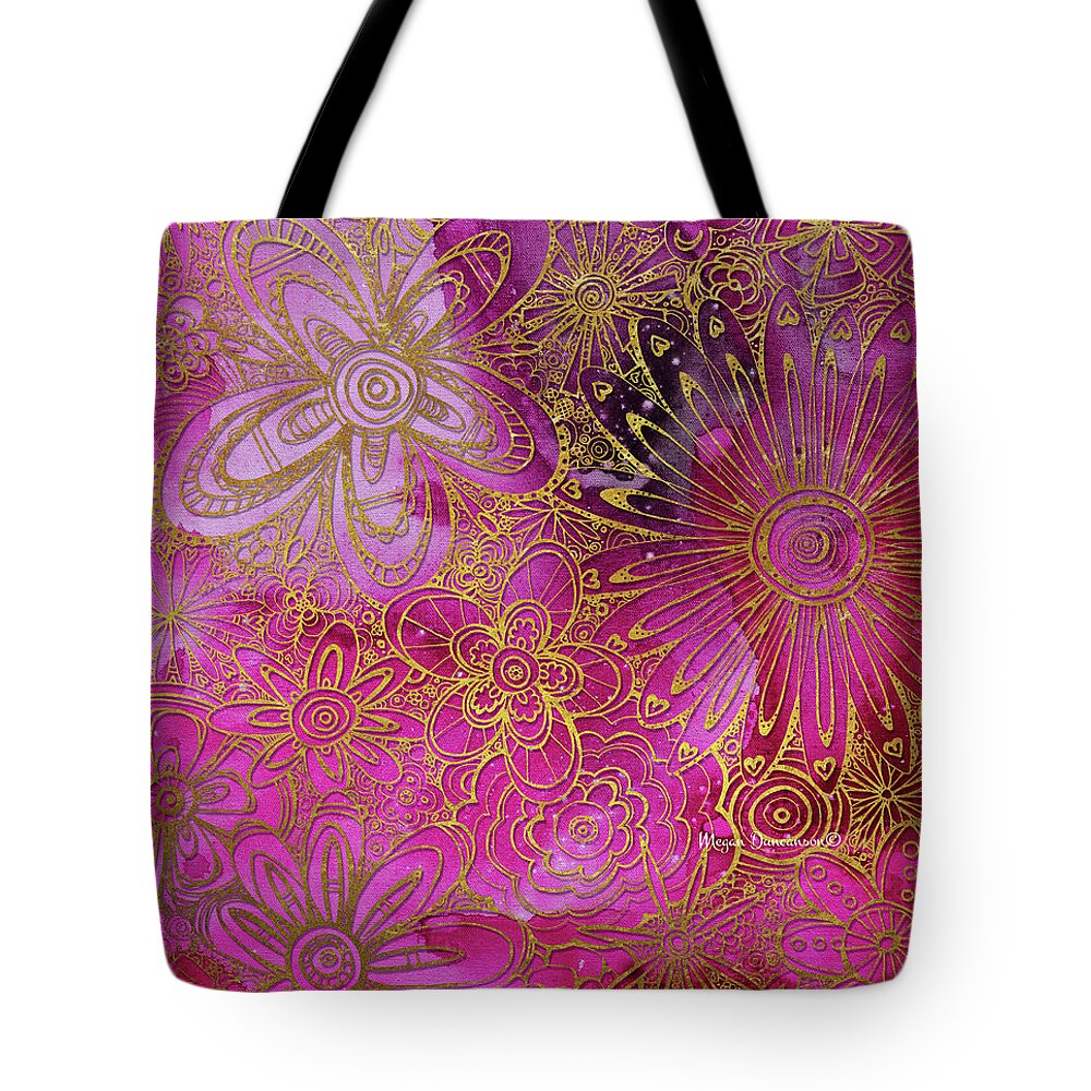 Gold Tote Bag featuring the painting Metallic Gold and Pink Floral Pattern Design Golden Explosion by Megan Duncanson by Megan Aroon