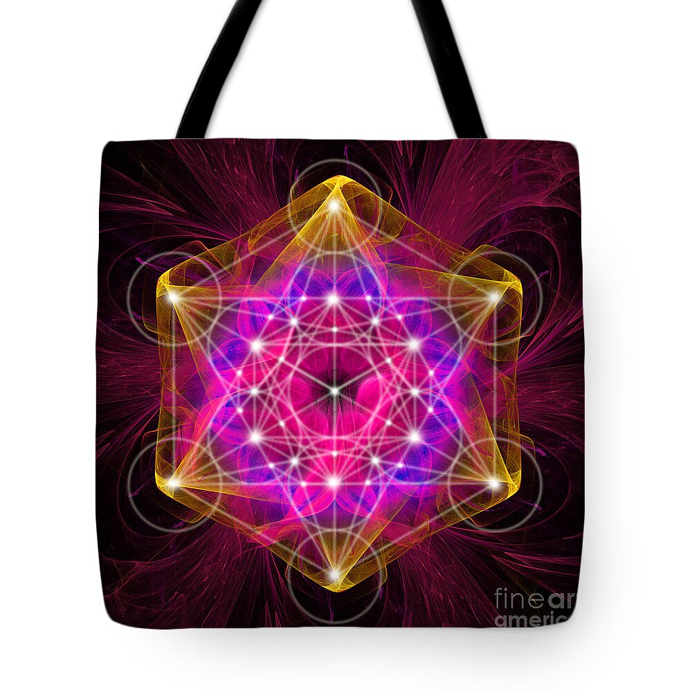 Metatrons Cube Tote Bag featuring the digital art Metatron's cube with flower of life by Alexa Szlavics