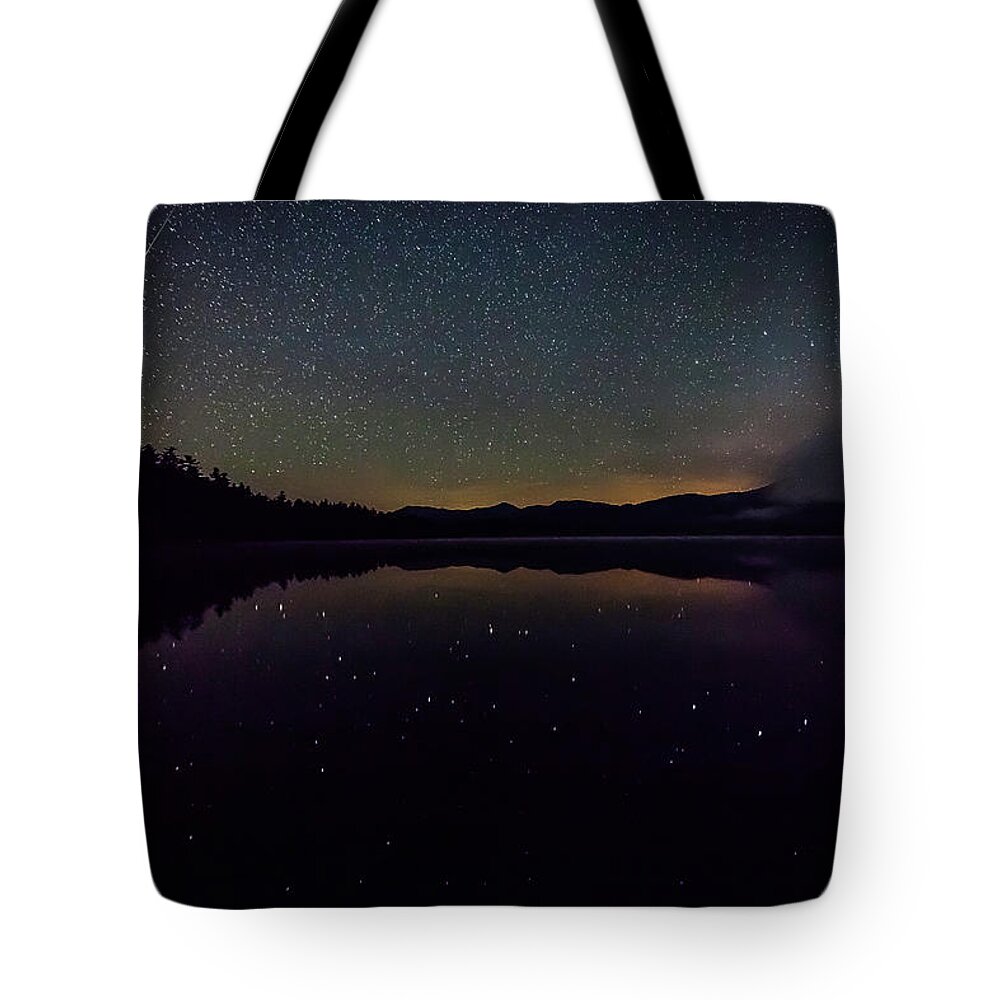 Meteor Tote Bag featuring the photograph Meteor over Chocorua Lake by Benjamin Dahl