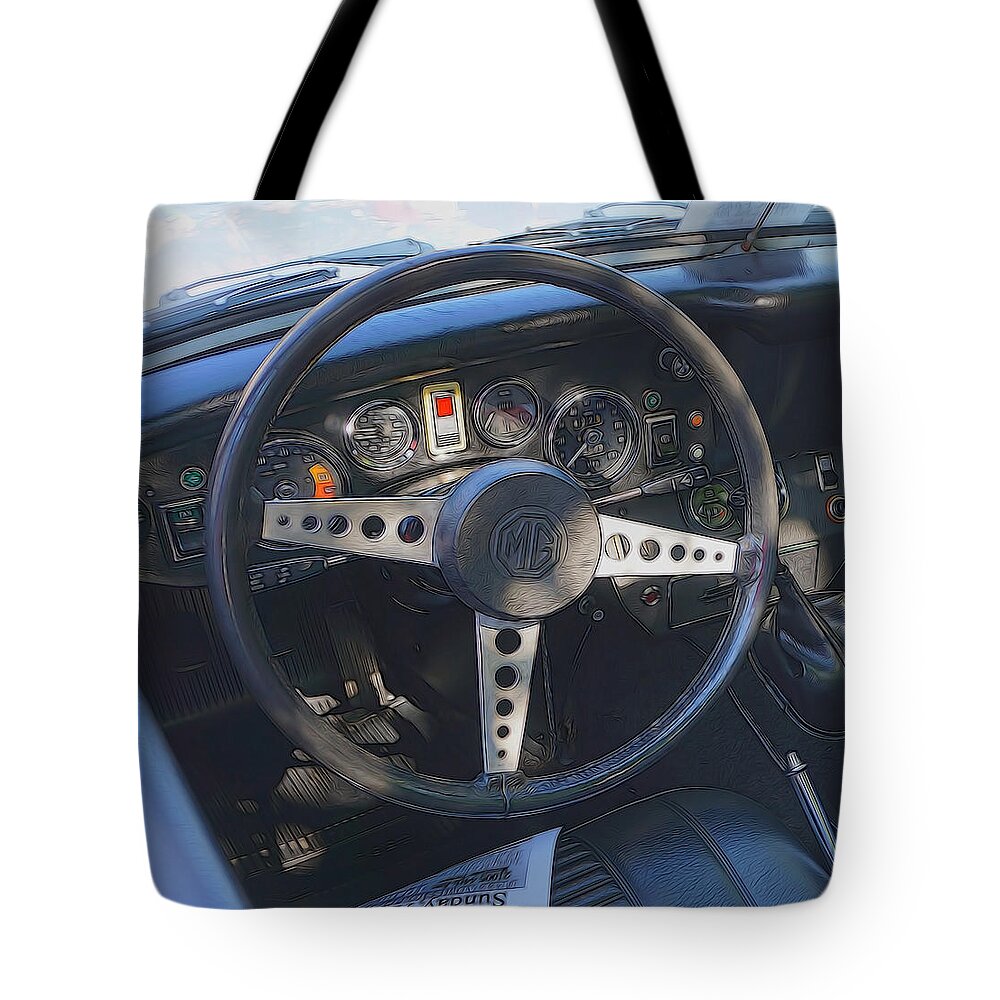 Mg Midget Tote Bag featuring the digital art MG Midget Steering Wheel by Cathy Anderson
