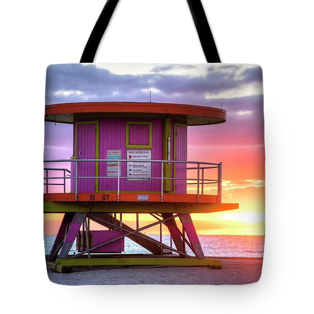 Miami Tote Bag featuring the photograph Miami Beach Round Life Guard House Sunrise by Toby McGuire