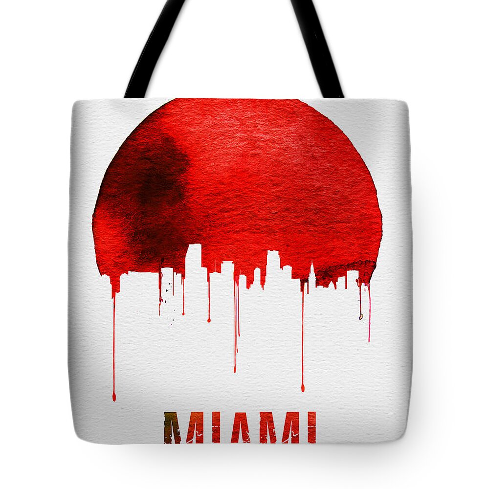Miami Tote Bag featuring the painting Miami Skyline Red by Naxart Studio