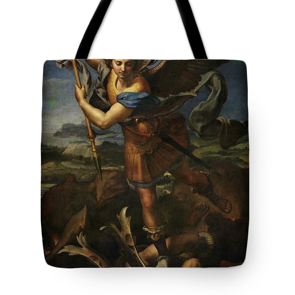 Urbino Tote Bag featuring the painting Michael defeats Satan by Raphael