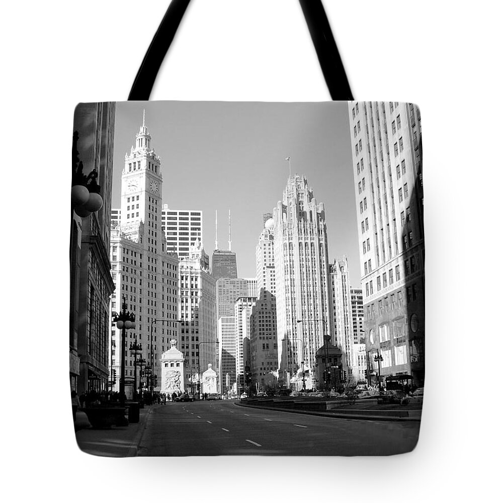 Chicago Tote Bag featuring the photograph Michigan Ave wide b-w by Anita Burgermeister